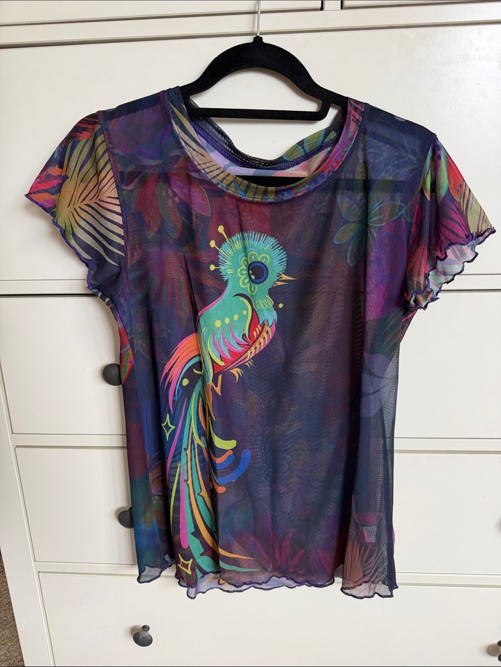 Colorful Parrot Print Sheer Women's Top - Vibrant Multi